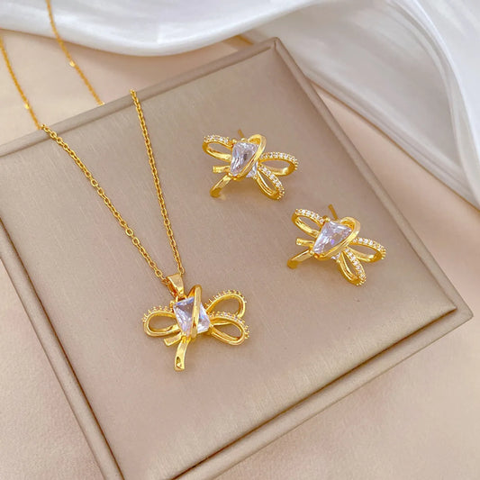 Modern Style Simple Style Bow Knot Artificial Gemstones Titanium Steel Brass Plating Inlay Artificial Gemstones Gold Plated Jewelry Set