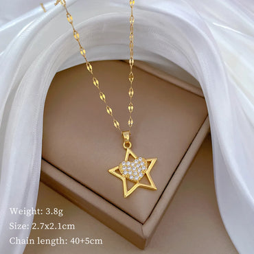 Modern Style Simple Style Classic Style Pentagram Heart Shape Titanium Steel Copper Inlay Artificial Gemstones Pendant Necklace