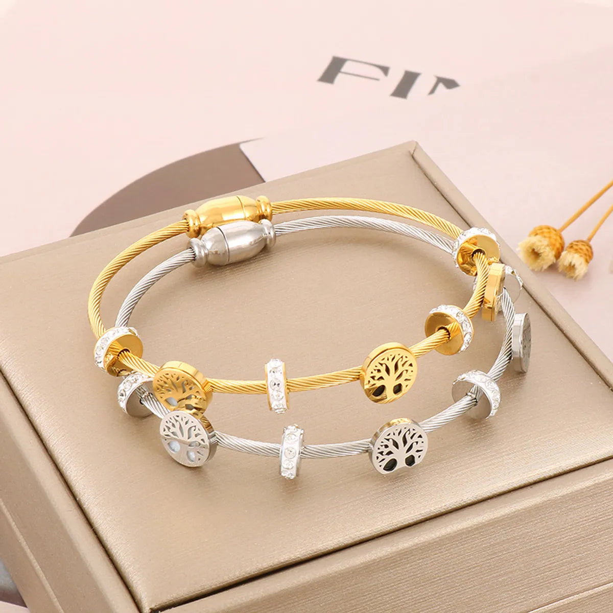 Modern Style Simple Style Devil's Eye Tree Stainless Steel Titanium Steel Plating Inlay Zircon 18k Gold Plated Bangle