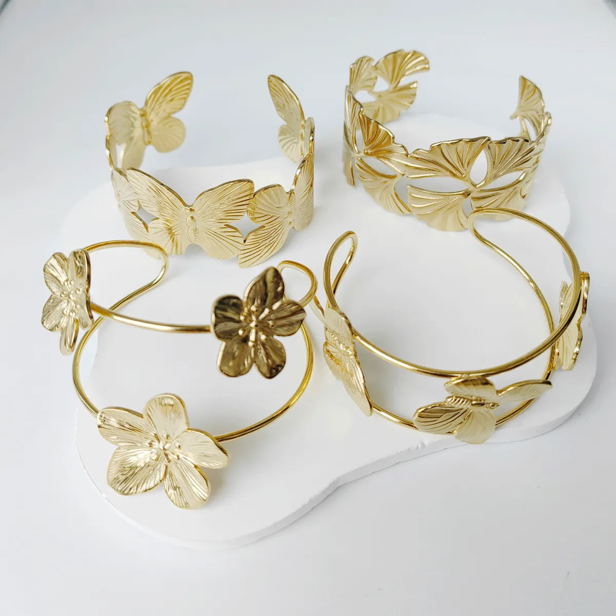 Modern Style Simple Style Flower Butterfly Ginkgo Leaf 304 Stainless Steel 18K Gold Plated Cuff Bracelets In Bulk