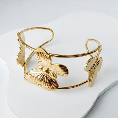 Modern Style Simple Style Flower Butterfly Ginkgo Leaf 304 Stainless Steel 18K Gold Plated Cuff Bracelets In Bulk