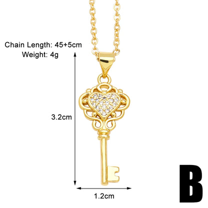 Modern Style Simple Style Heart Shape Key Copper Plating Inlay Zircon 18k Gold Plated Pendant Necklace