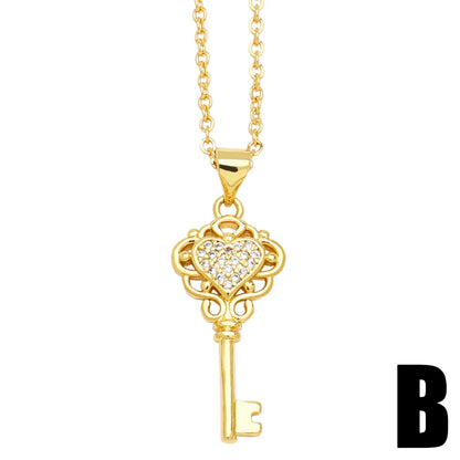 Modern Style Simple Style Heart Shape Key Copper Plating Inlay Zircon 18k Gold Plated Pendant Necklace