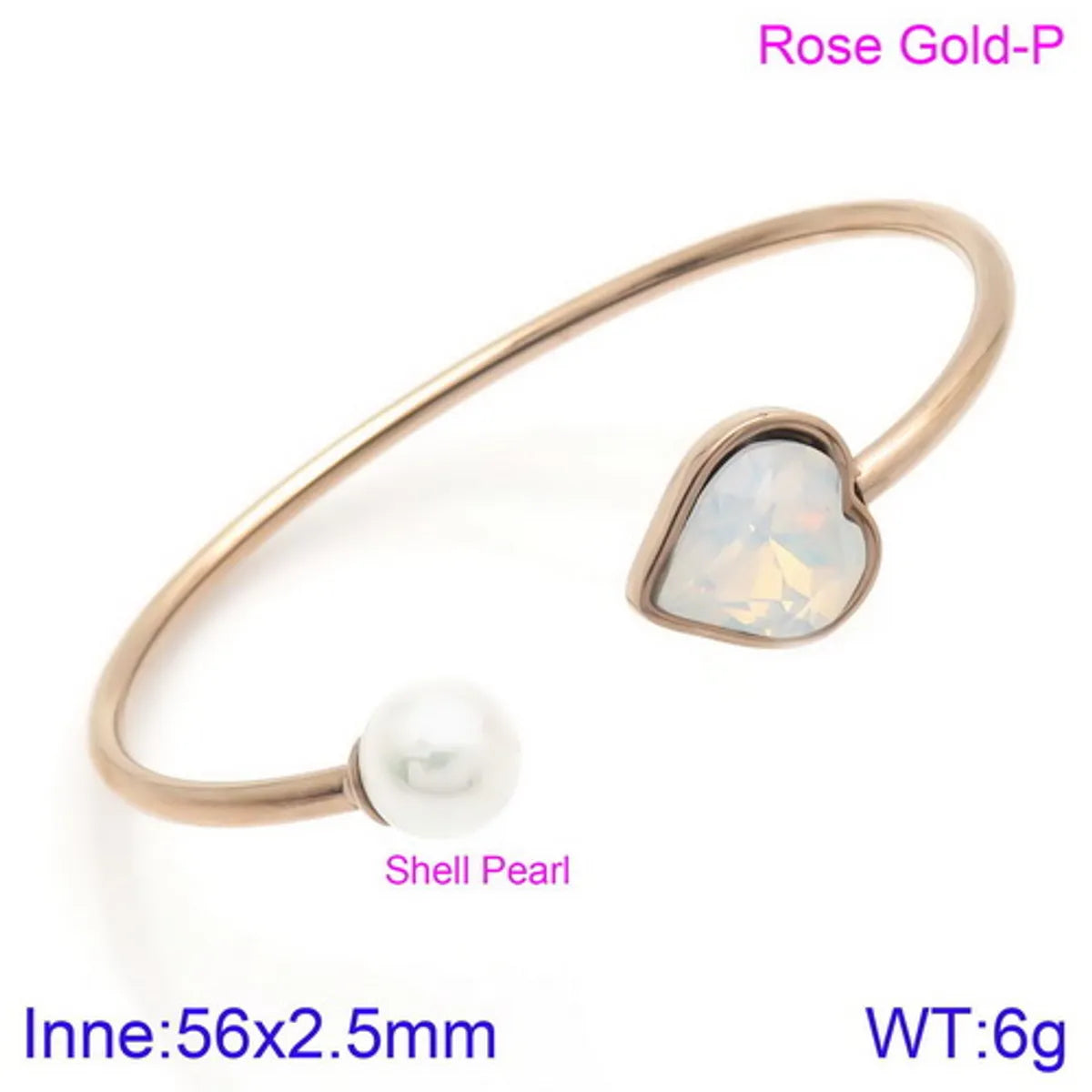 Modern Style Simple Style Heart Shape Stainless Steel Titanium Steel 18K Gold Plated Glass Stone Pearl Bangle In Bulk