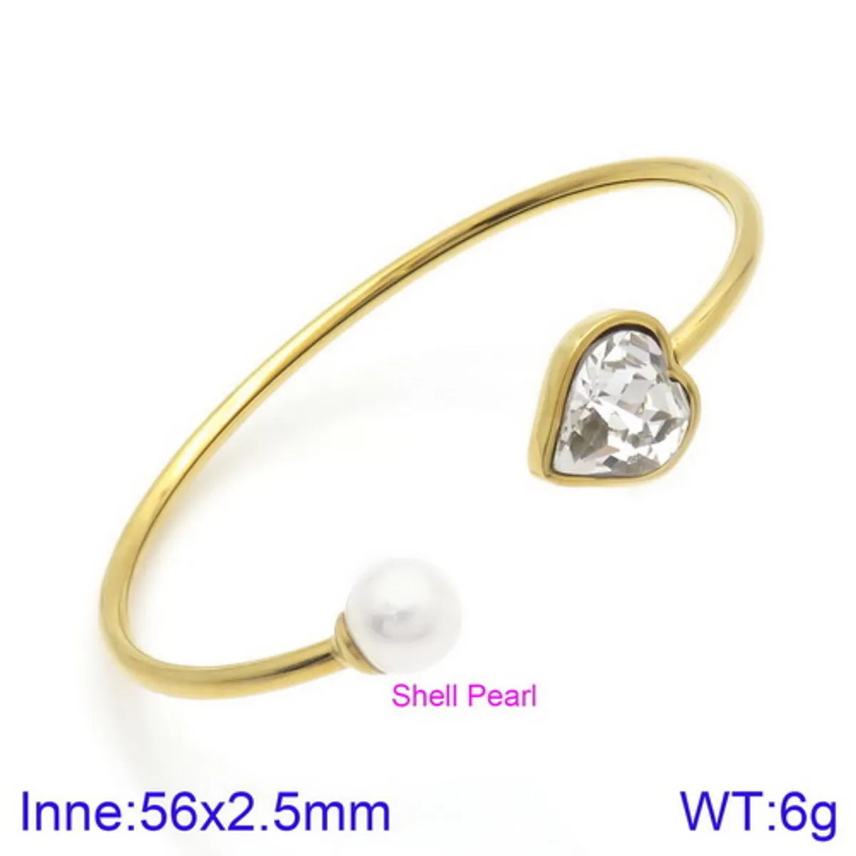 Modern Style Simple Style Heart Shape Stainless Steel Titanium Steel 18K Gold Plated Glass Stone Pearl Bangle In Bulk