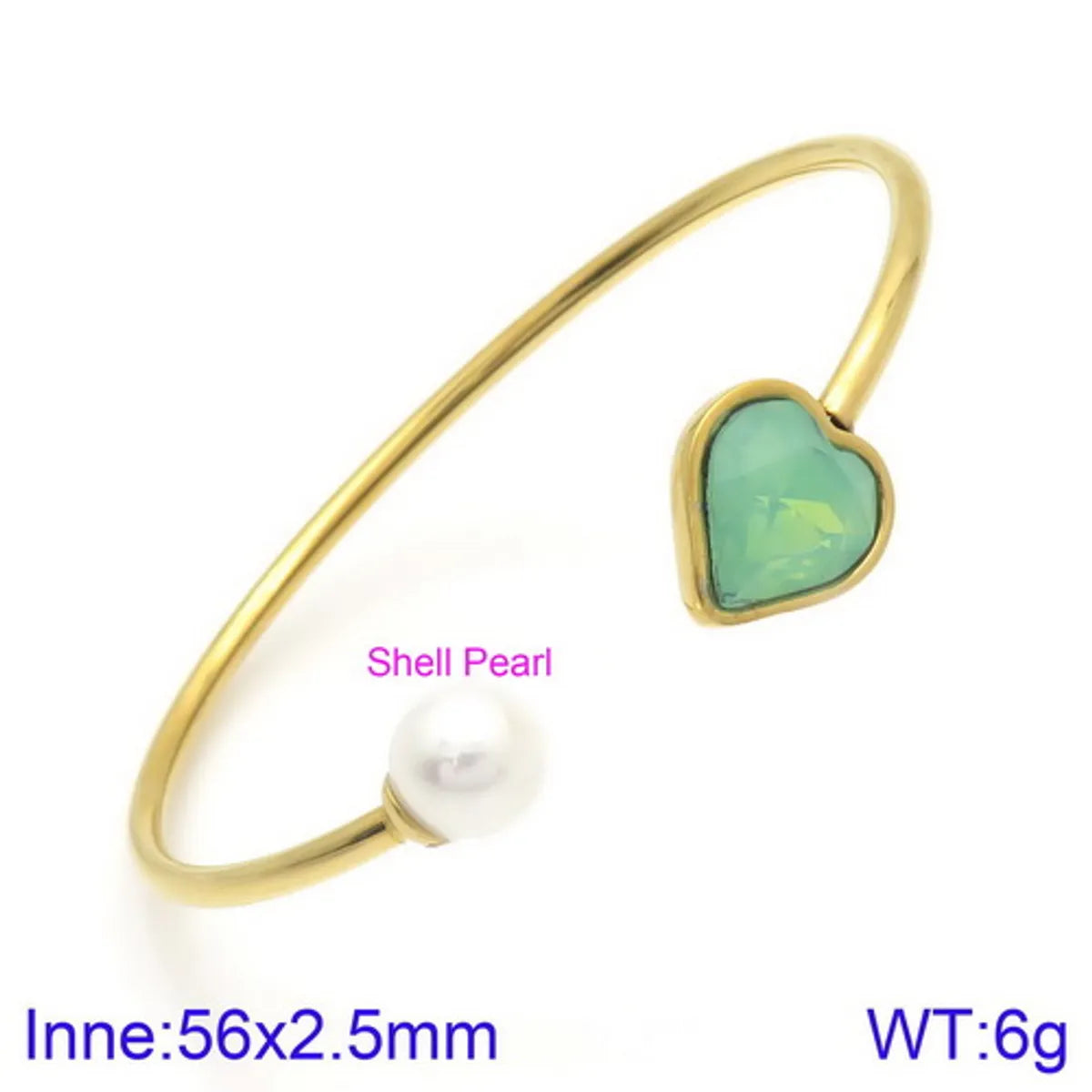 Modern Style Simple Style Heart Shape Stainless Steel Titanium Steel 18K Gold Plated Glass Stone Pearl Bangle In Bulk