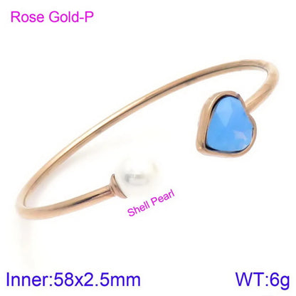 Modern Style Simple Style Heart Shape Stainless Steel Titanium Steel 18K Gold Plated Glass Stone Pearl Bangle In Bulk