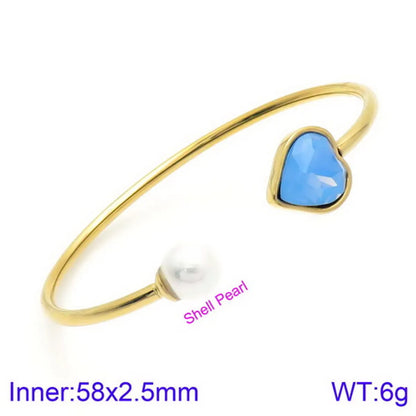 Modern Style Simple Style Heart Shape Stainless Steel Titanium Steel 18K Gold Plated Glass Stone Pearl Bangle In Bulk