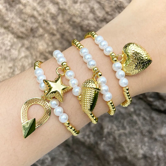 Modern Style Simple Style Pentagram Heart Shape 18K Gold Plated Artificial Pearl Copper Wholesale Bracelets