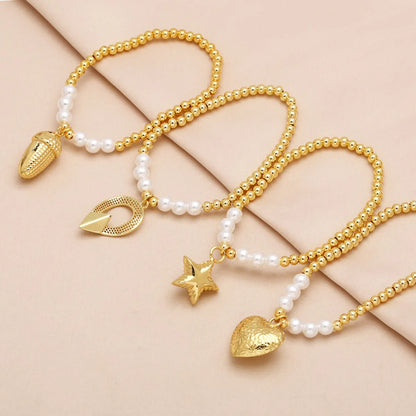 Modern Style Simple Style Pentagram Heart Shape 18K Gold Plated Artificial Pearl Copper Wholesale Bracelets