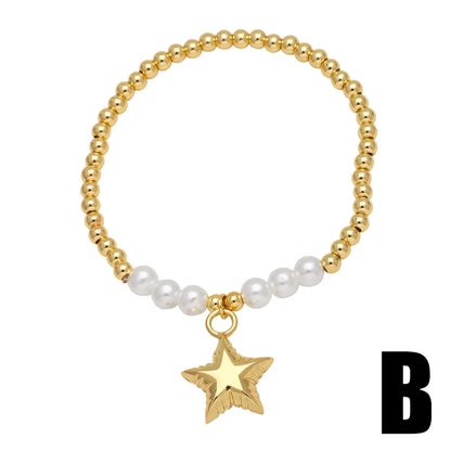 Modern Style Simple Style Pentagram Heart Shape 18K Gold Plated Artificial Pearl Copper Wholesale Bracelets