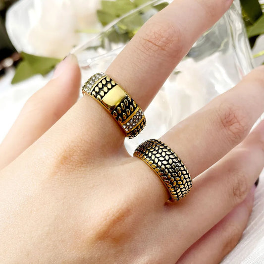 Modern Style Simple Style Plaid Stainless Steel Enamel Plating Inlay Zircon Gold Plated Rings