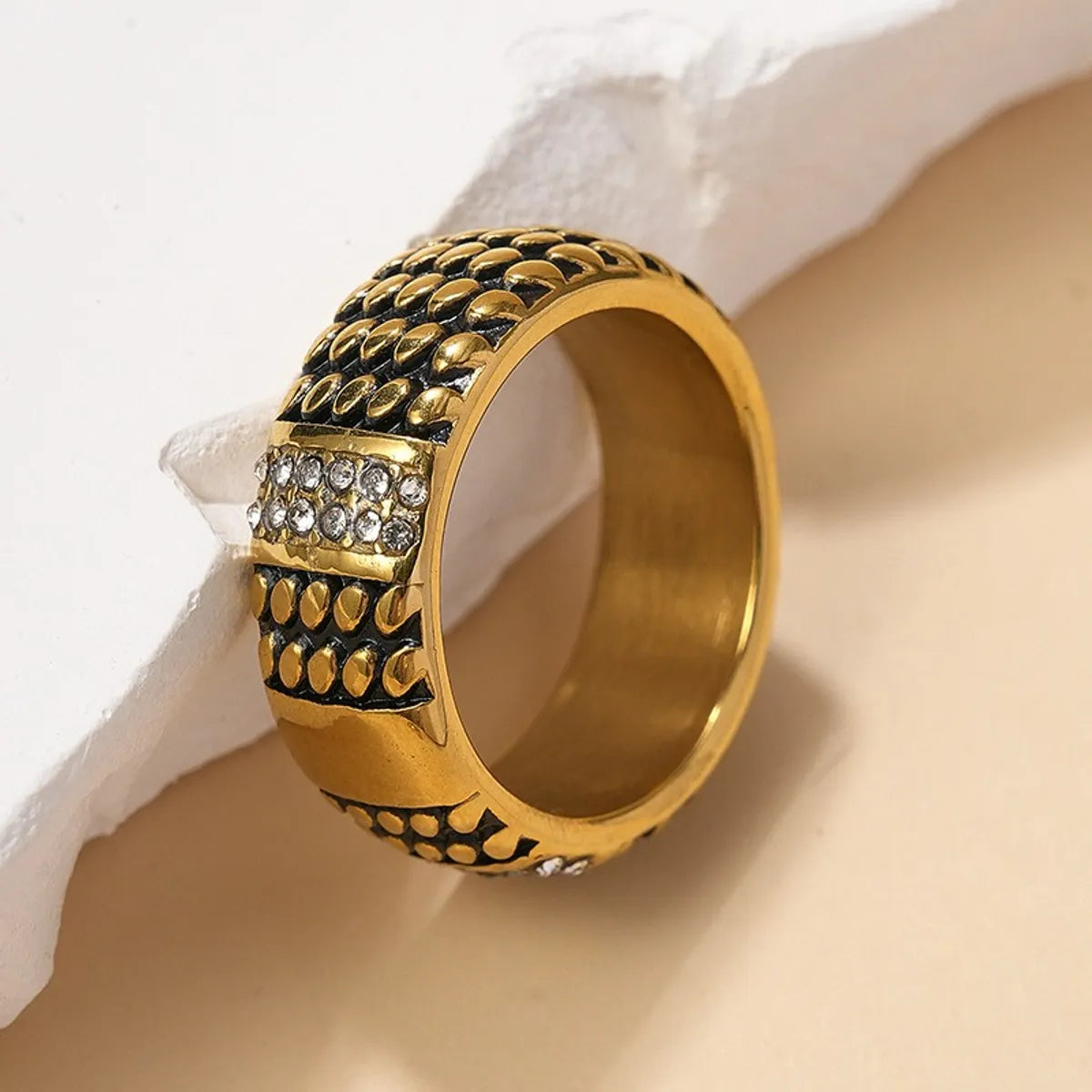 Modern Style Simple Style Plaid Stainless Steel Enamel Plating Inlay Zircon Gold Plated Rings