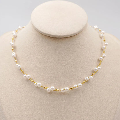 Modern Style Simple Style Round Gold Plated 304 Stainless Steel Imitation Pearl Titanium Steel Wholesale Necklace