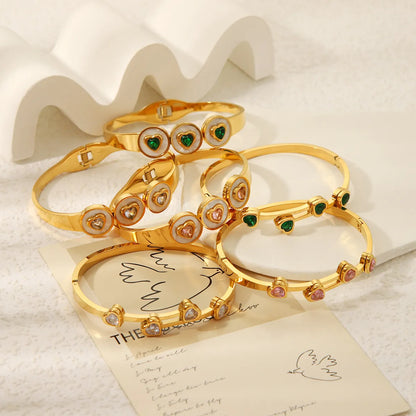 Modern Style Simple Style Round Heart Shape Stainless Steel Plating Inlay Zircon 18k Gold Plated Bangle