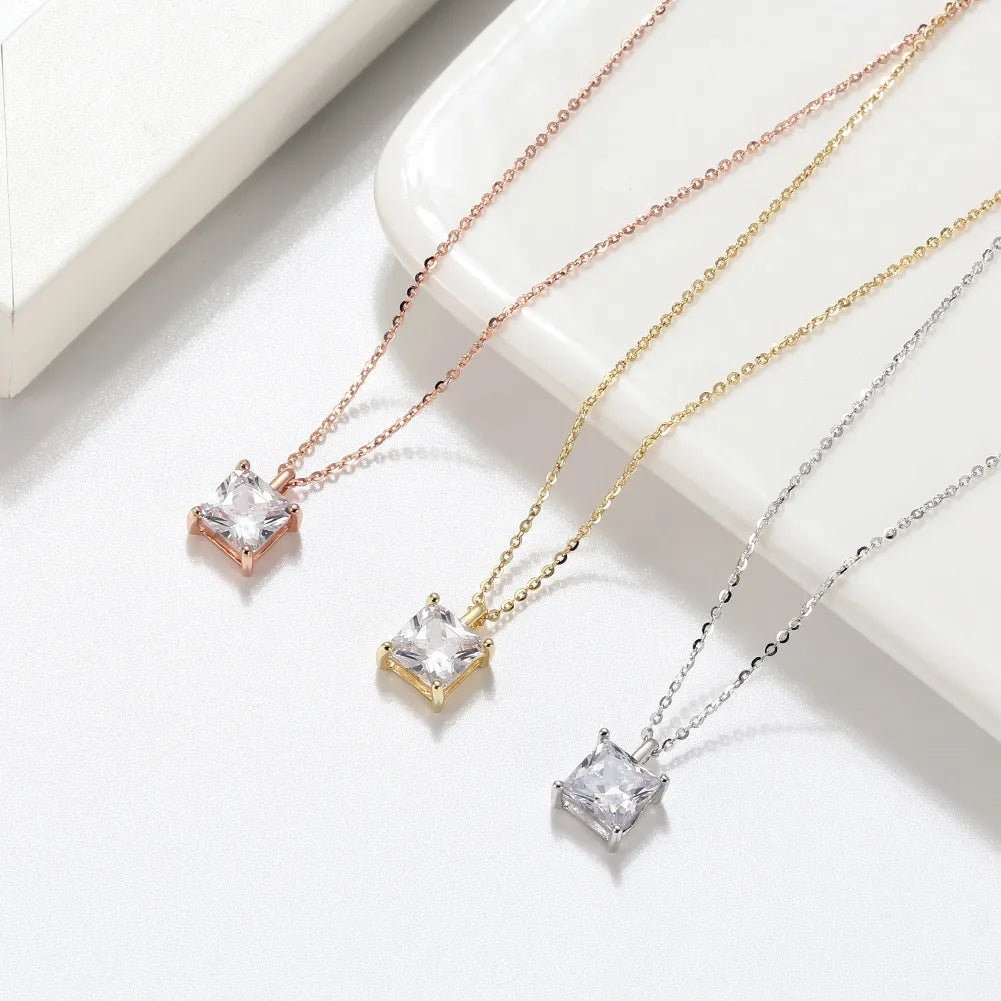 Modern Style Simple Style Square Sterling Silver 14k Gold Plated Rose Gold Plated White Gold Plated Zircon Pendant Necklace In Bulk