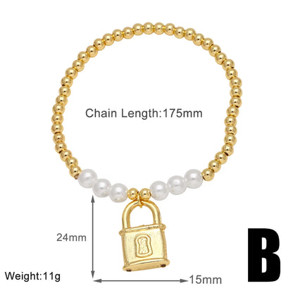 Modern Style Simple Style Star Heart Shape Lock 18K Gold Plated Artificial Pearl Copper Wholesale Bracelets