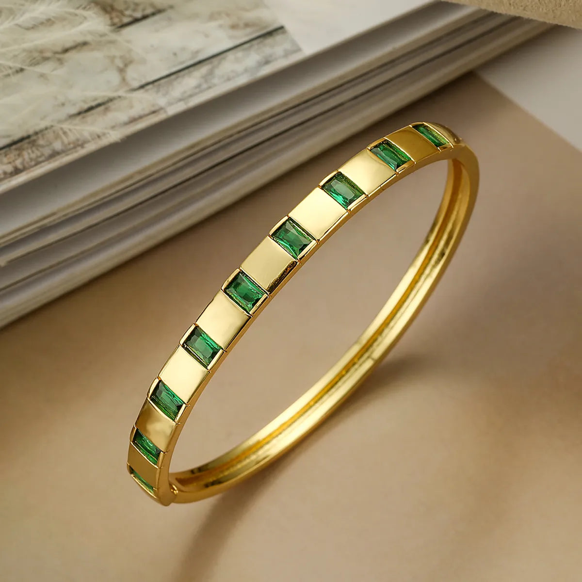 Modern Style Square Copper Plating Inlay Zircon 18k Gold Plated Bangle