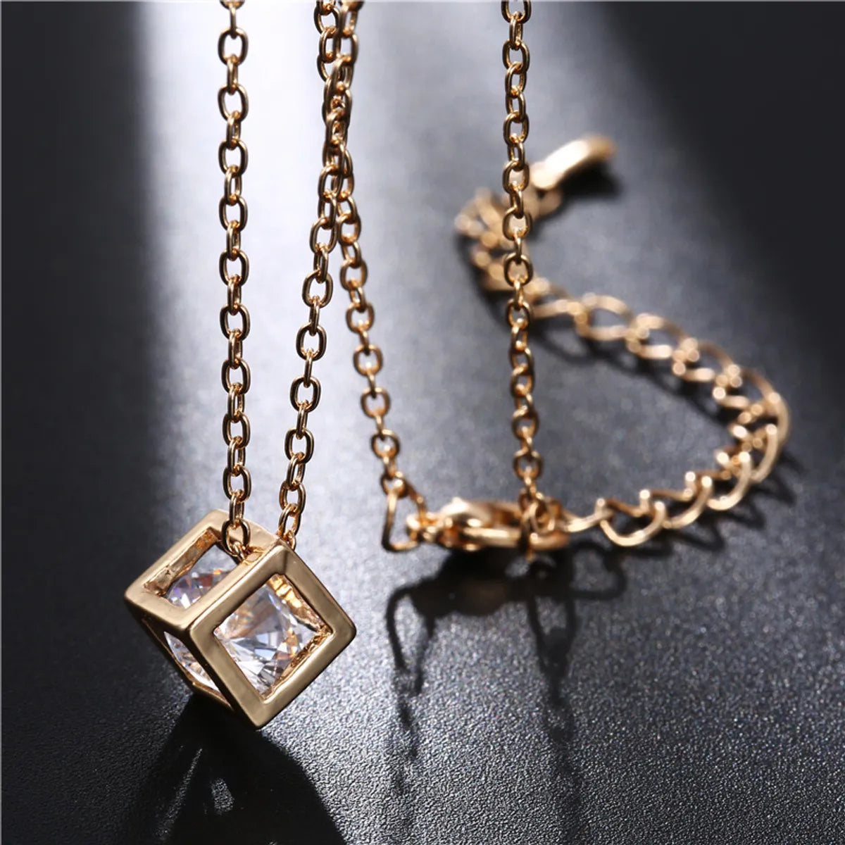 Modern Style Square Stainless Steel Plating Hollow Out Inlay Zircon 18k Gold Plated Pendant Necklace