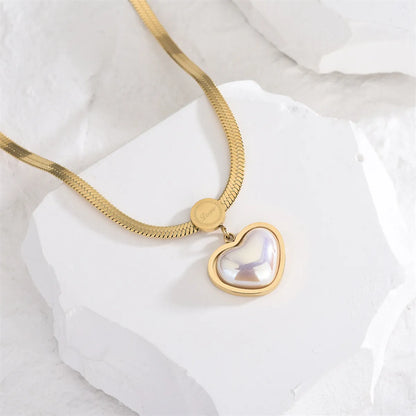 Modern Style Sweet Heart Shape Titanium Steel Polishing Plating Inlay Shell 18k Gold Plated Pendant Necklace