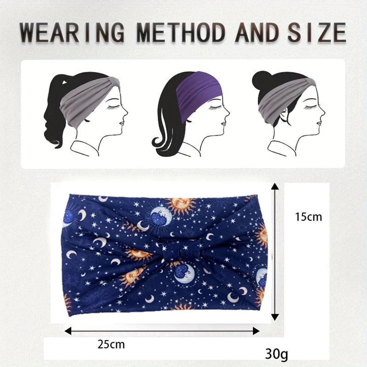 Moon Sun Pattern Printed Wide Side Headband Not Slippery Knotted Hair Band Fashion Female Girl'S Headwear