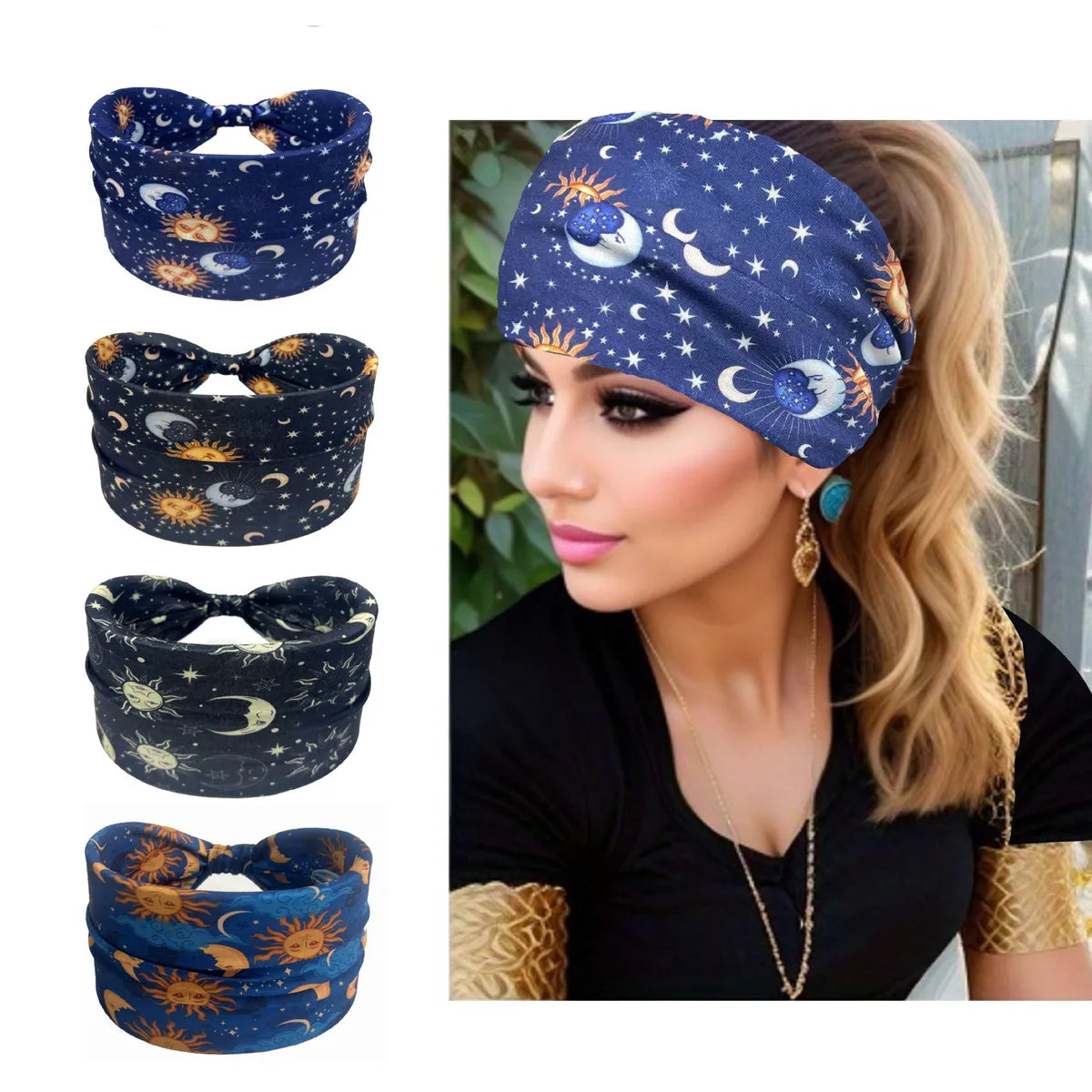 Moon Sun Pattern Printed Wide Side Headband Not Slippery Knotted Hair Band Fashion Female Girl'S Headwear