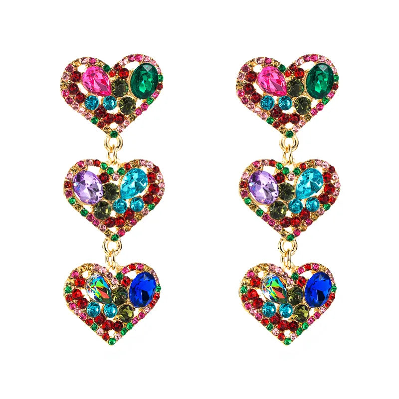 Multi-Layer Heart-Shaped Alloy Diamond Long Earrings Wholesale Nihaojewelry