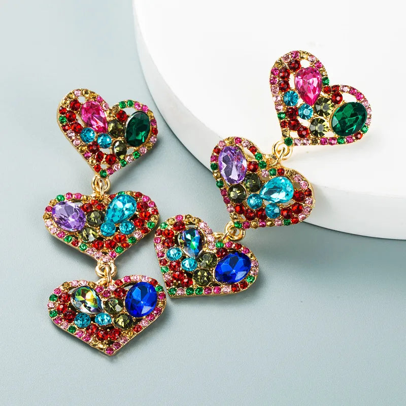 Multi-Layer Heart-Shaped Alloy Diamond Long Earrings Wholesale Nihaojewelry