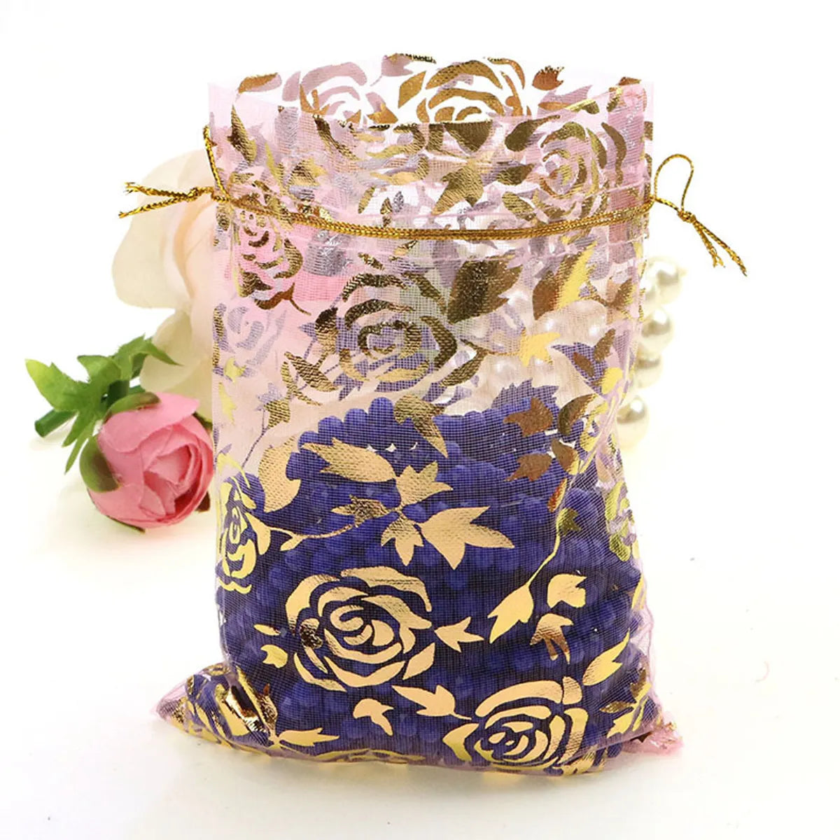 Multi-Size Bronzing Rose Gauze Gift Decoration Organza Bunch Pocket Candy Bag Wholesale