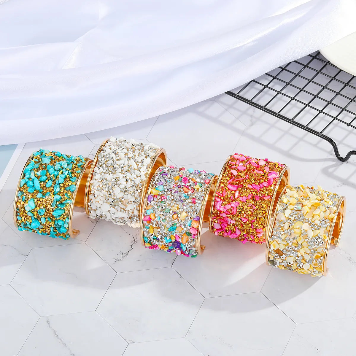 Multicolor Gravel Wide Exaggerated Bohemian Style Big Metal Retro Alloy Bracelet