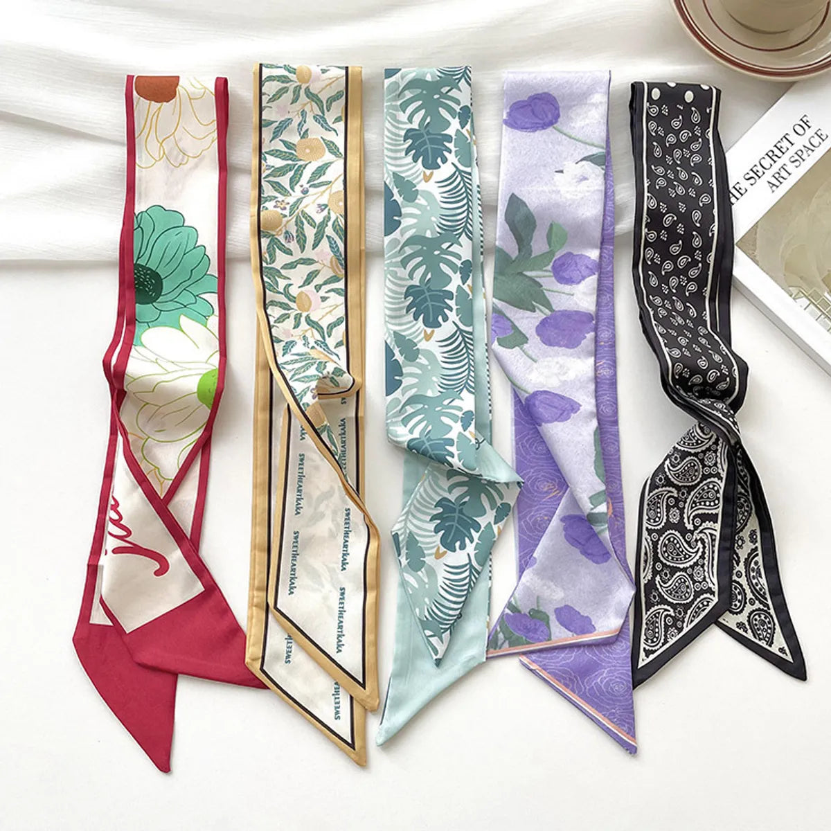 Narrow Long Small Silk Scarf Women'S Spring And Summer  Multi-Function Tie Hair Tie Bag Decorative Scarf Hair Belt Ribbon Headwear