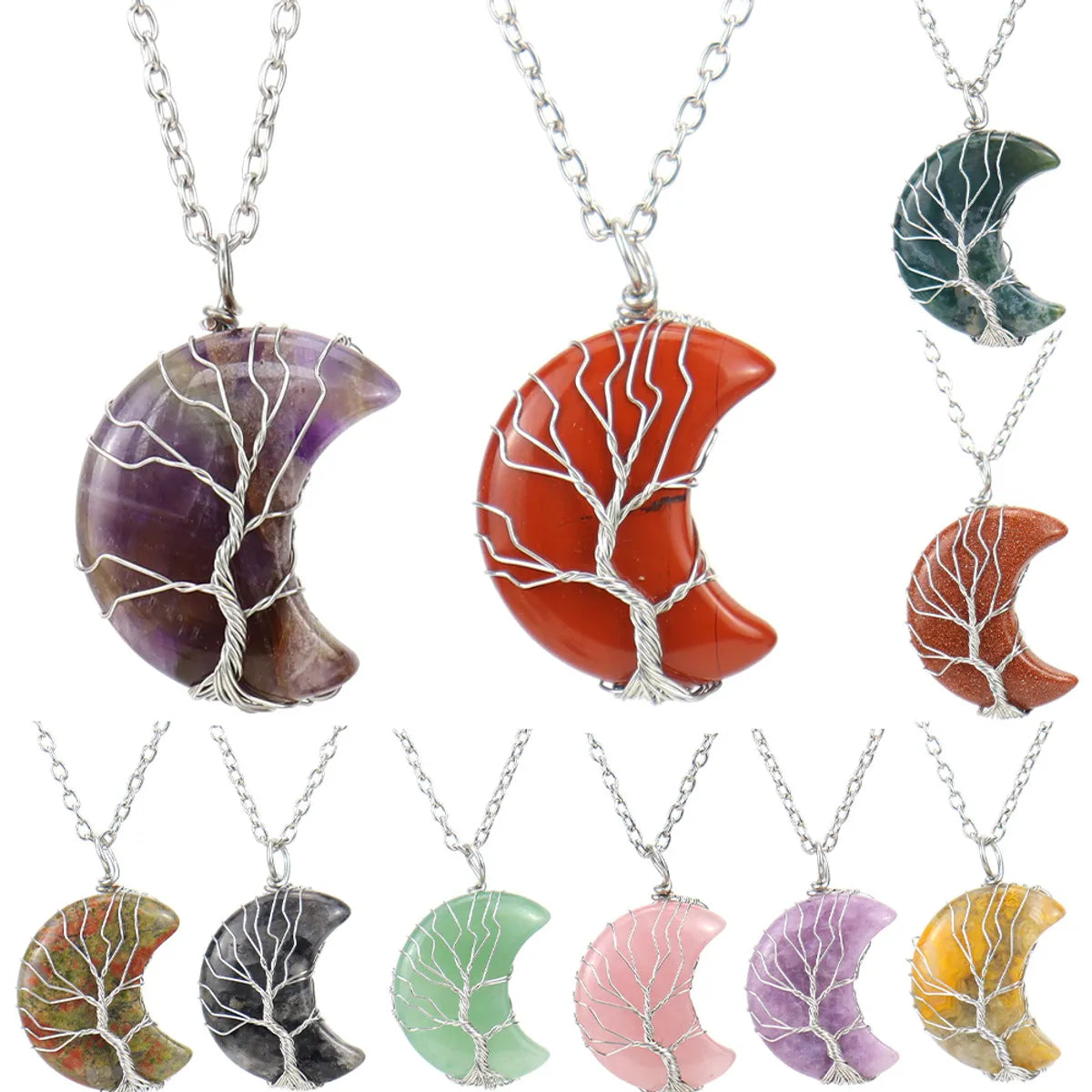 Natural Stone Amethyst Moon Tree Of Life Pendant Necklace Winding Handmade Pachira Macrocarpa Crystal Necklace N571