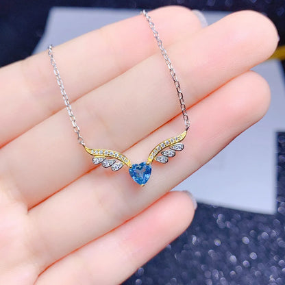 New Angel Wing Necklace Heart-shaped Blue Topaz Color Ring Pendant Copper Set