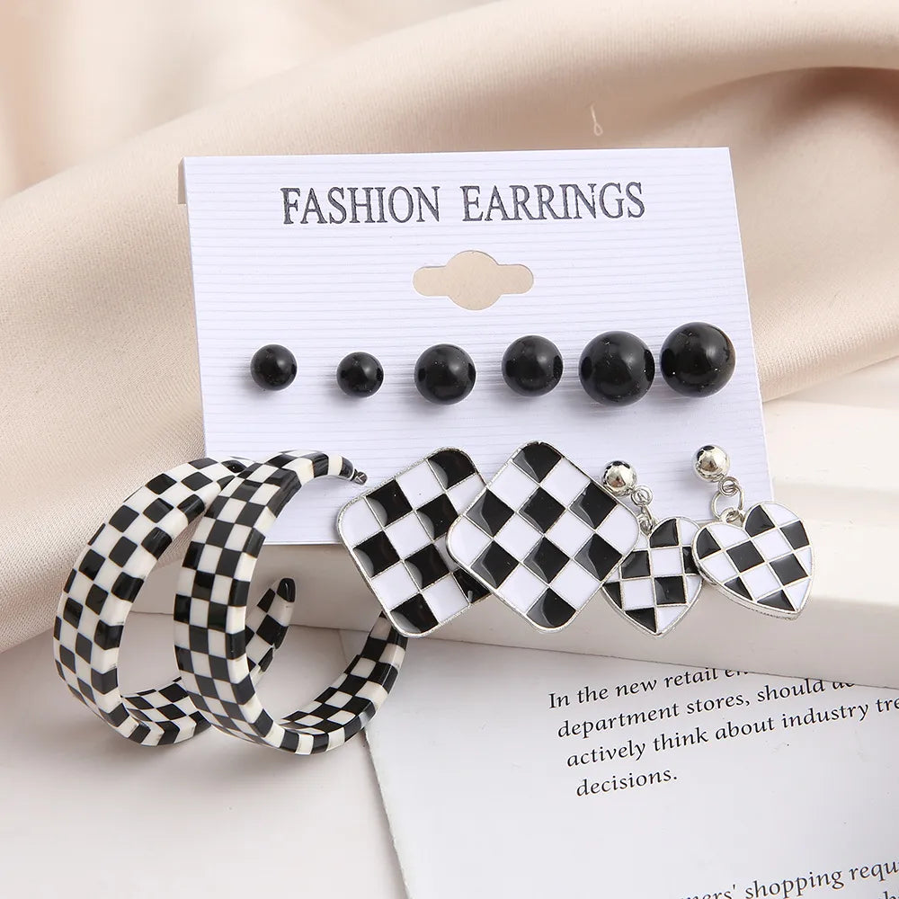 New Black White Checkerboard Earrings 6 Pairs Set Wholesale