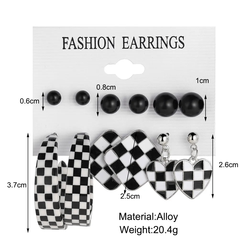 New Black White Checkerboard Earrings 6 Pairs Set Wholesale