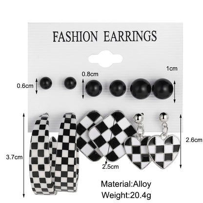 New Black White Checkerboard Earrings 6 Pairs Set Wholesale