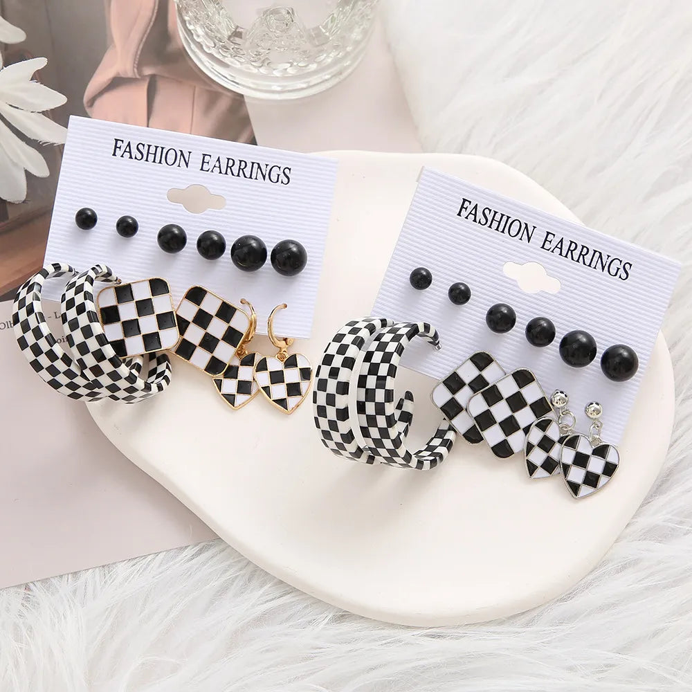 New Black White Checkerboard Earrings 6 Pairs Set Wholesale