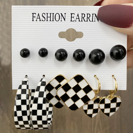 New Black White Checkerboard Earrings 6 Pairs Set Wholesale