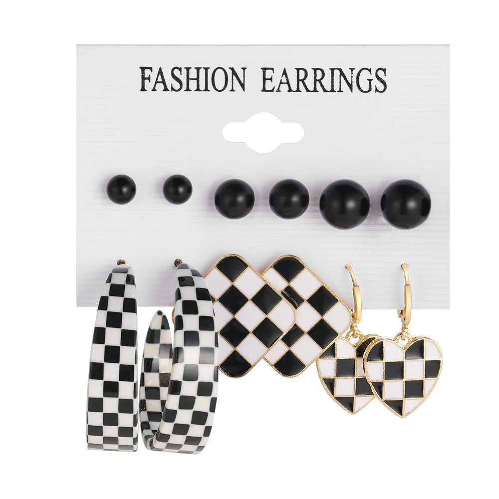 New Black White Checkerboard Earrings 6 Pairs Set Wholesale