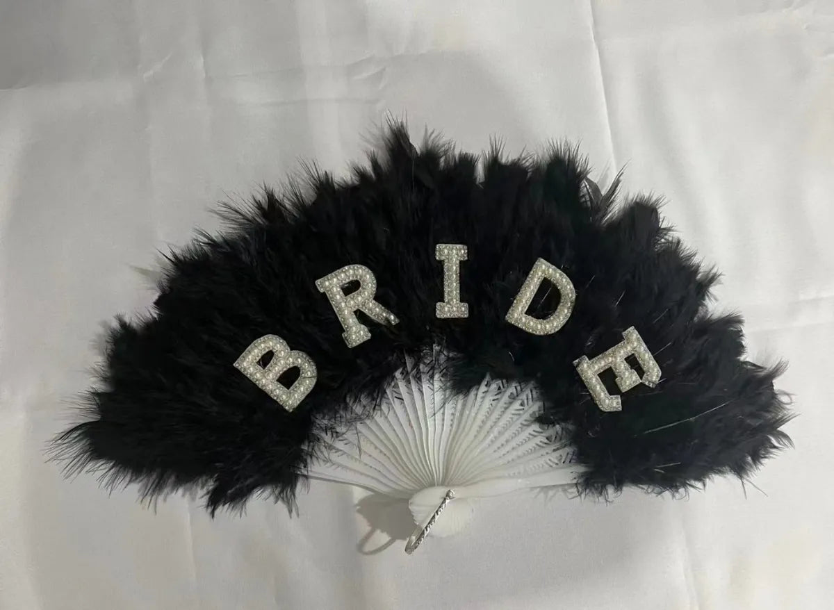 New Bridal Feather Fan Pearl Bride White Bride Feather Folding Fan Bachelor Party Bride Wedding Decoration