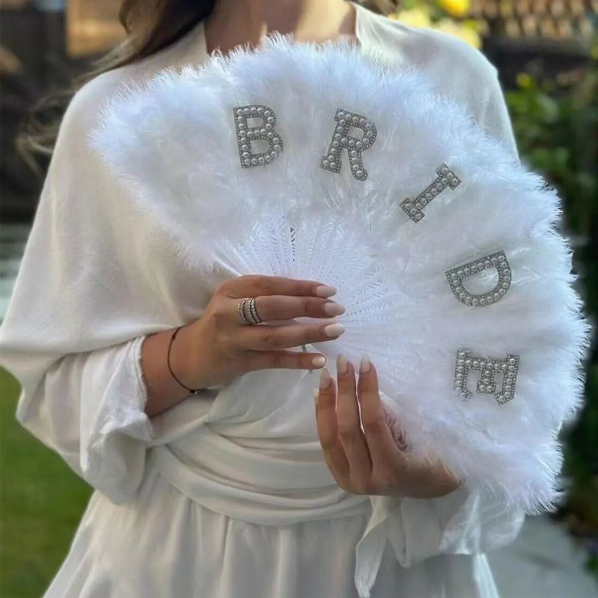 New Bridal Feather Fan Pearl Bride White Bride Feather Folding Fan Bachelor Party Bride Wedding Decoration