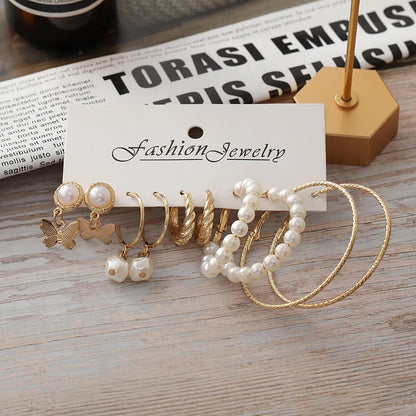 New Butterfly Earrings Set Creative Simple Pearl Metal Earrings Wholesale