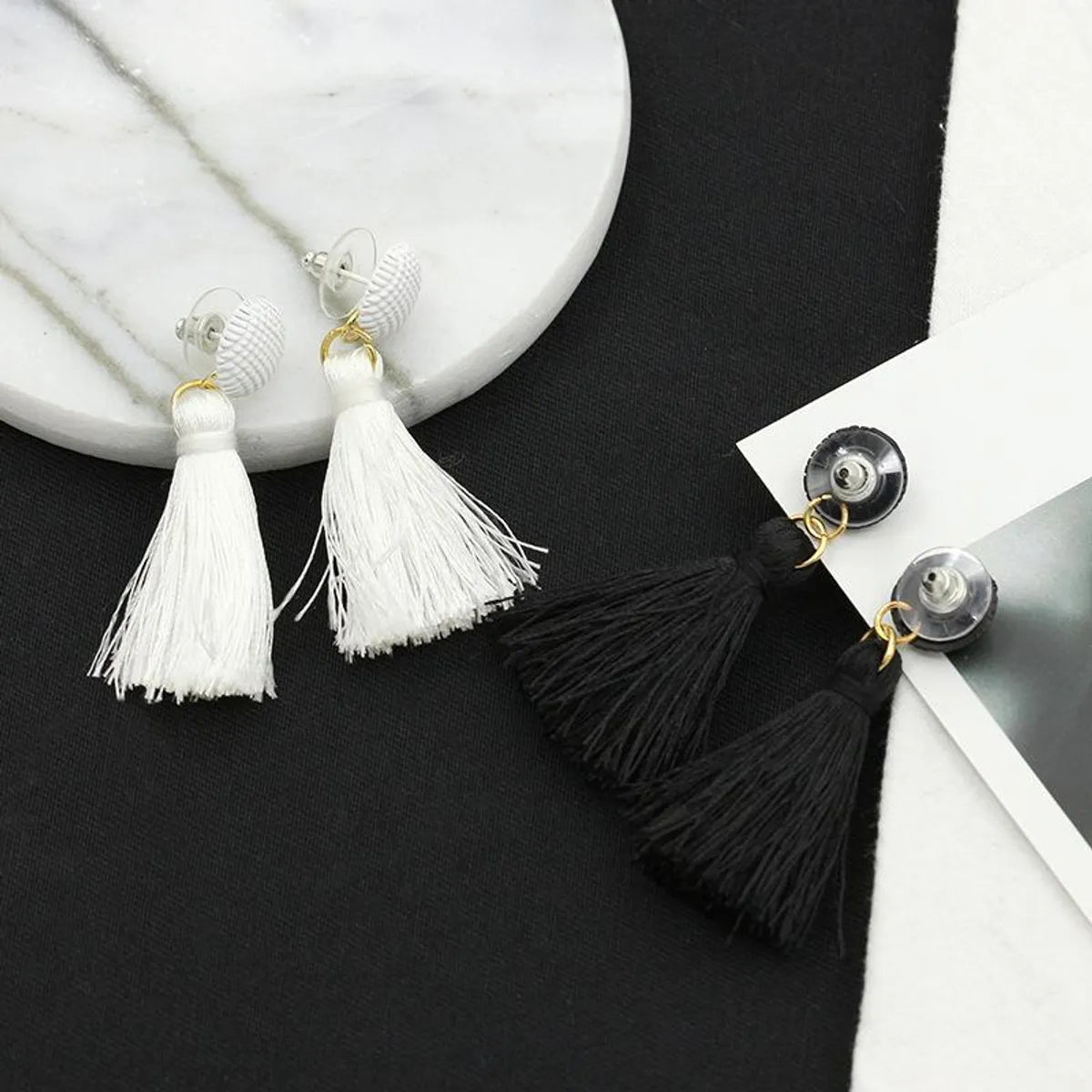 New Button Black And White Tassel Earrings Nhdp145166