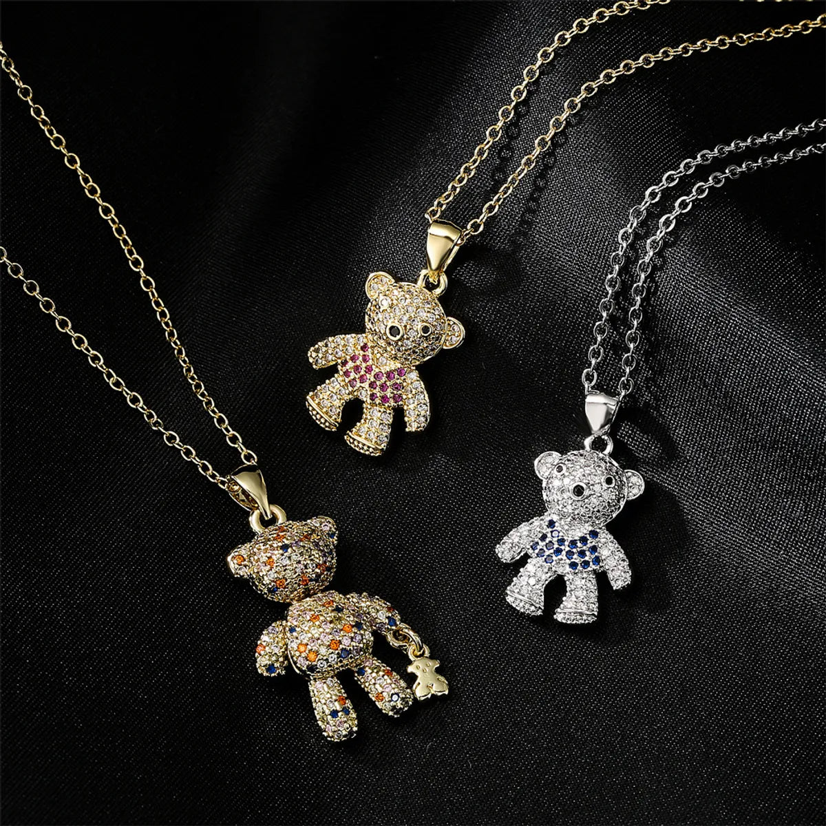 New Copper Micro-inlaid Zircon Cute Bear Pendant Golden Necklace Wholesale