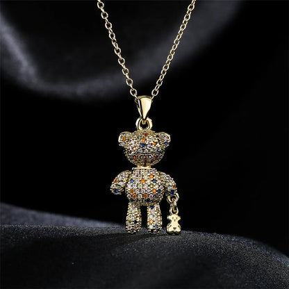 New Copper Micro-inlaid Zircon Cute Bear Pendant Golden Necklace Wholesale