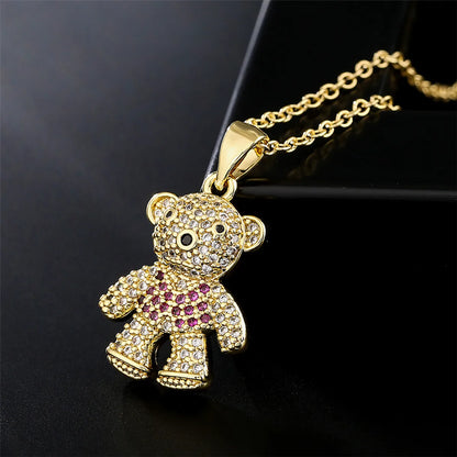 New Copper Micro-inlaid Zircon Cute Bear Pendant Golden Necklace Wholesale