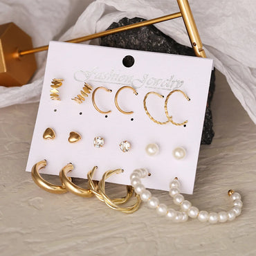 New Creative Simple Fashion Temperament Twist Pearl Earrings 9-Piece Set