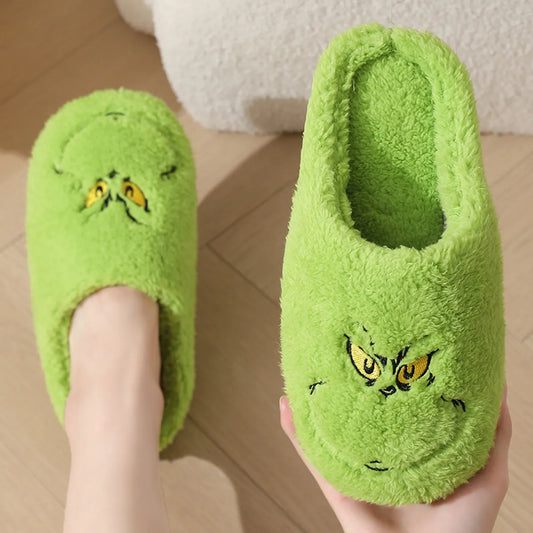 New Cute Home Christmas Greenwich Warm Winter Cotton Slippers Couple Men And Women Thick Bottom Soft Sole Shoes Thick Non-Slip