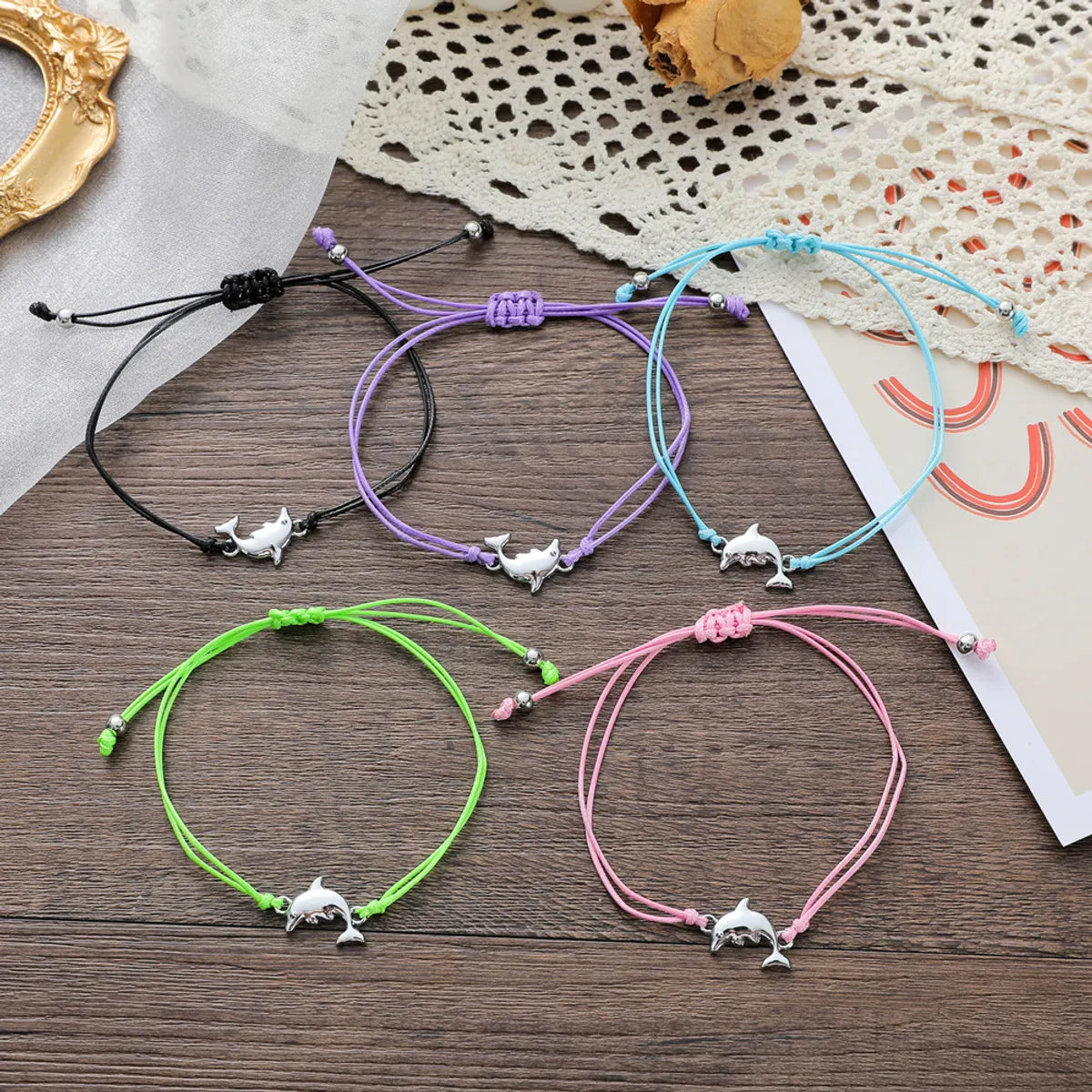 New Dolphin School Season Card Bracelet Parent-child Alloy Small Animal Woven Bracelet 2-piece Set