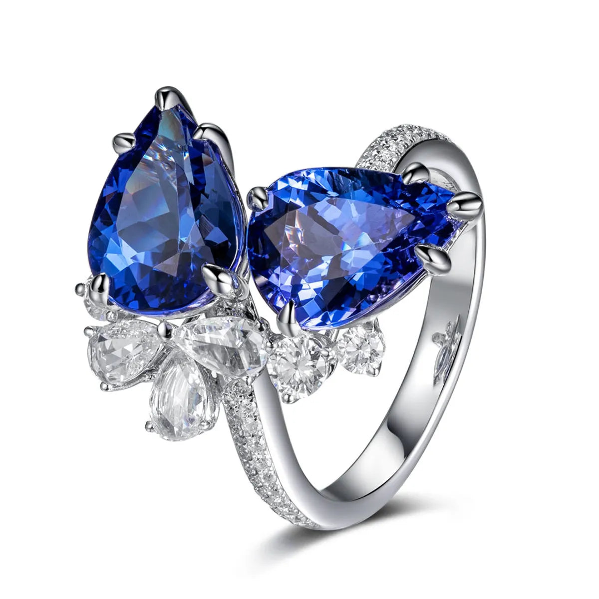 New Double Diamond Tanzanite Blue Drop Pear-shaped Ring Simulation Sapphire Copper Open Ring